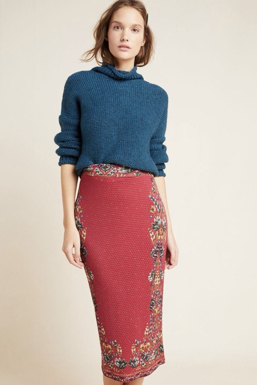 Farm Rio Anthropologie Women's XL Catalina Knit Skirt Pencil Red Floral Boho